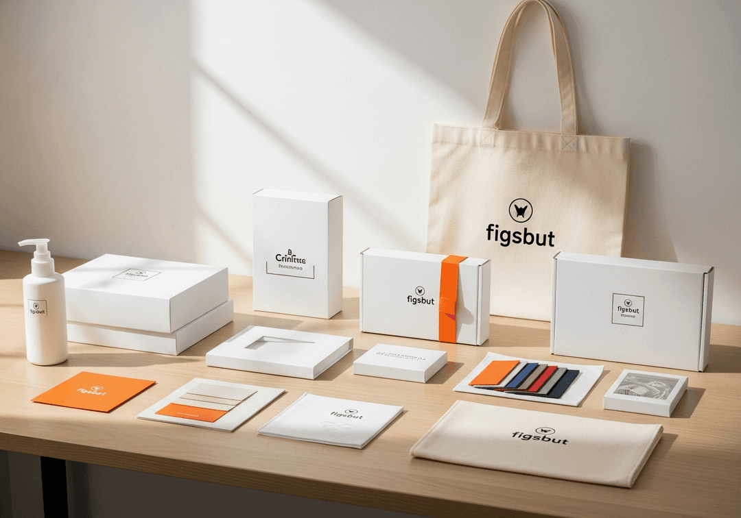 Customized products including branded tote bags, packaging boxes and product samples on a desk