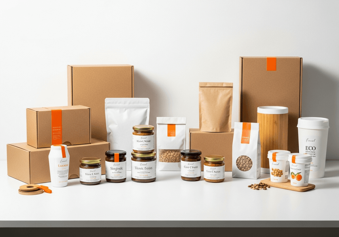 Food and beverage product packaging including kraft boxes, glass jars and eco-friendly containers