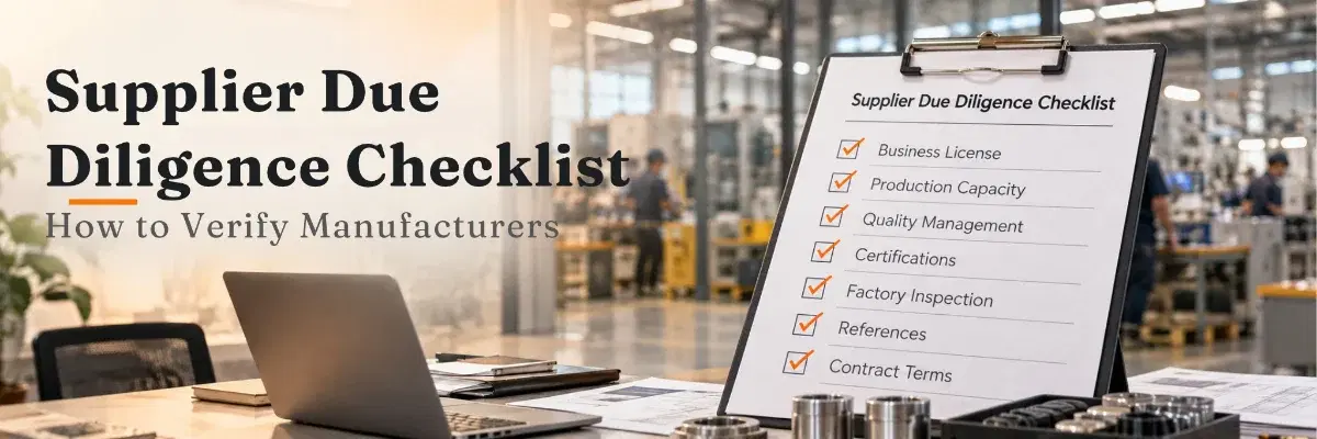 Supplier due diligence checklist on a clipboard in a factory: business license, production capacity, quality management, certifications, factory inspection, references and contract terms