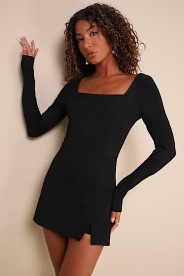 Constant Charm Black Long Sleeve Square Neck Romper