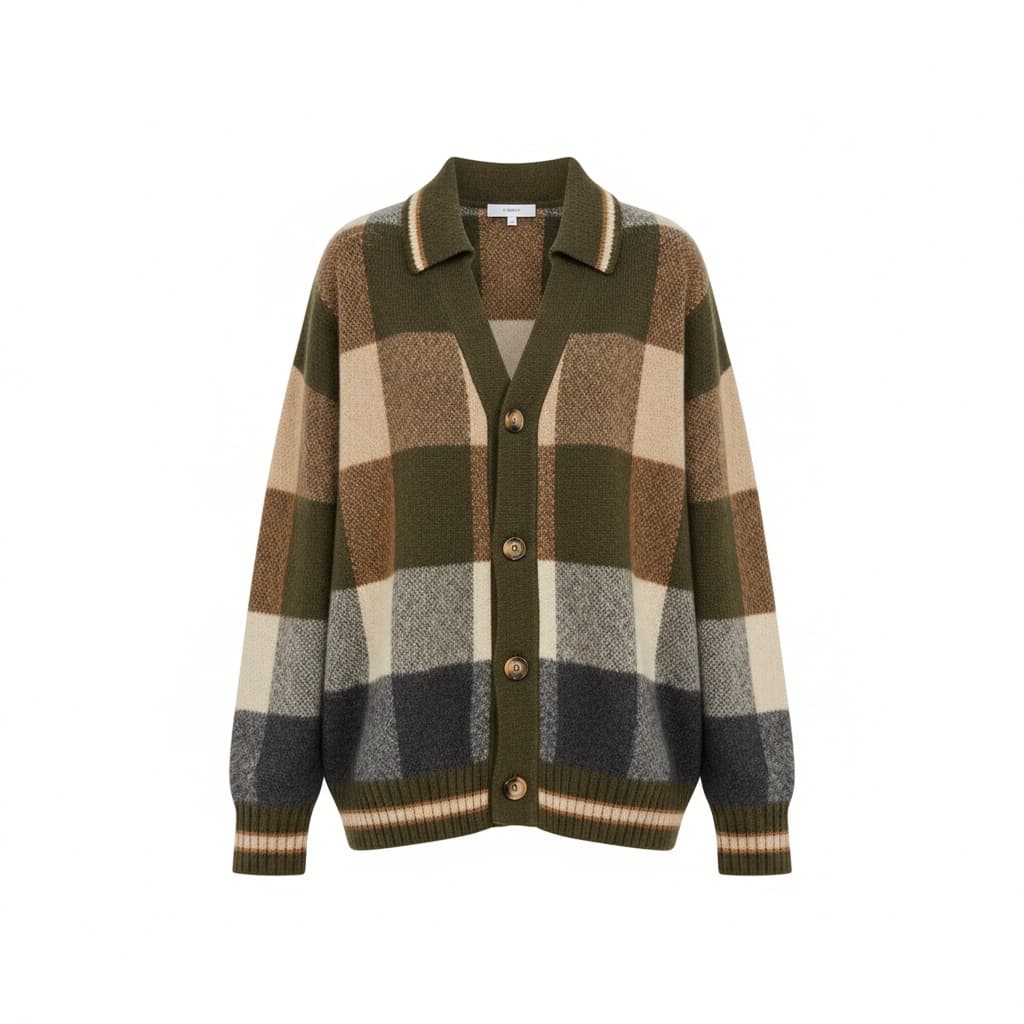 Checked Plaid Cashmere Polo Cardigan