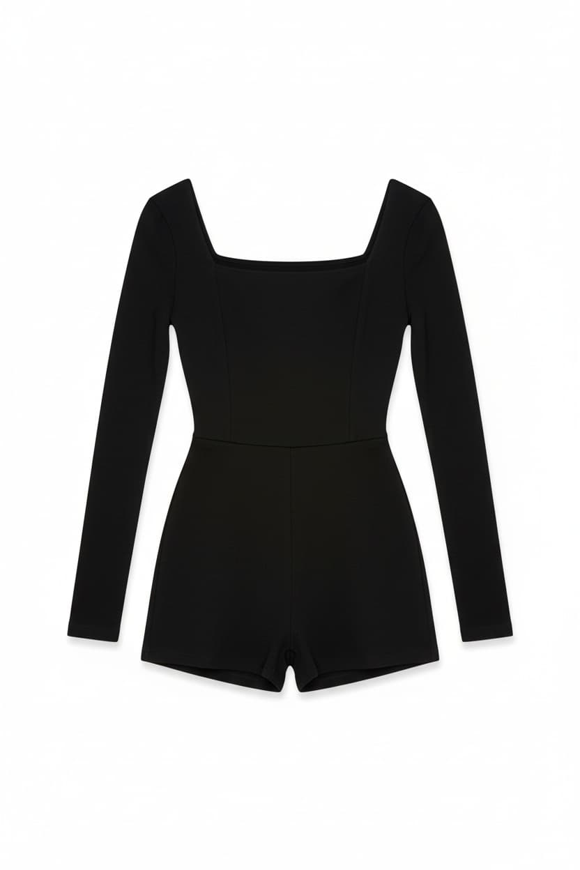 Constant Charm Black Long Sleeve Square Neck Romper